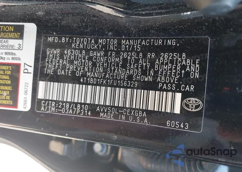 2015 Toyota Camry Hybrid/Le/Xle/Se from USA, damaged, VIN 4T1BD1FK1FU15632